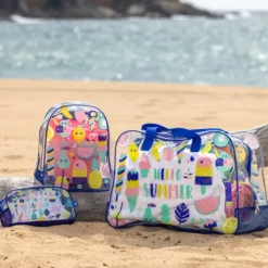 Bolsa de playa transparente con base de red color rosa
