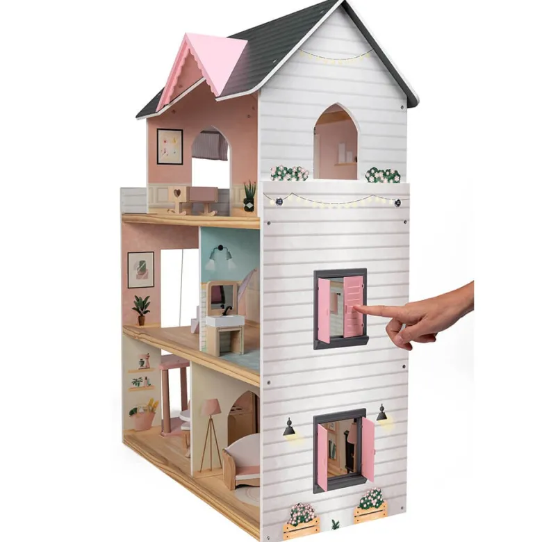 Casita de muñecas de madera con ascensor