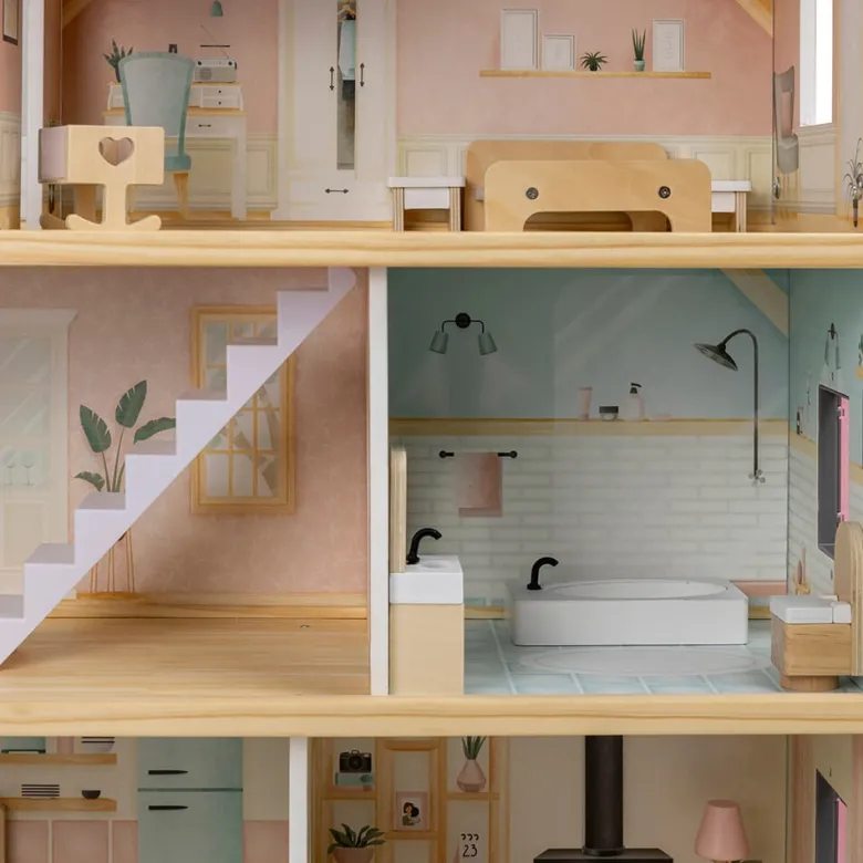 Casita de muñecas de madera con ascensor