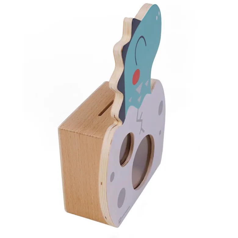Hucha infantil de madera con forma de dinosaurio