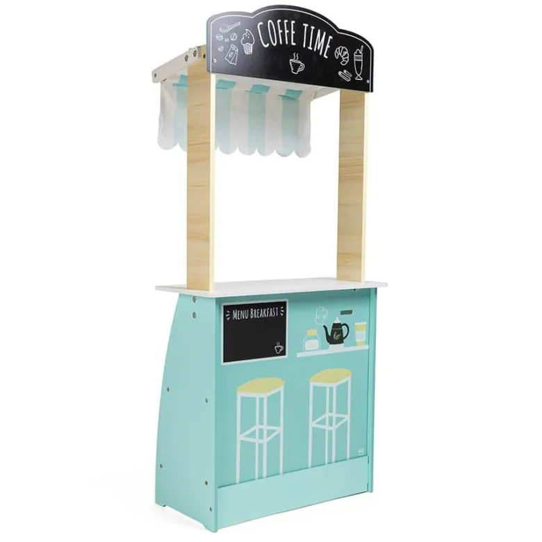 Mercadito de madera y salón para tomar el café