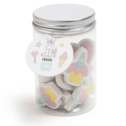 Tarro con gomas de borrar unicornio